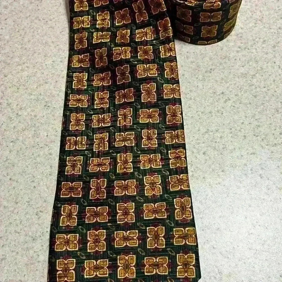 Robert Talbott Silk Necktie Green/Gold Square Print Handsewn - Picture 4 of 7